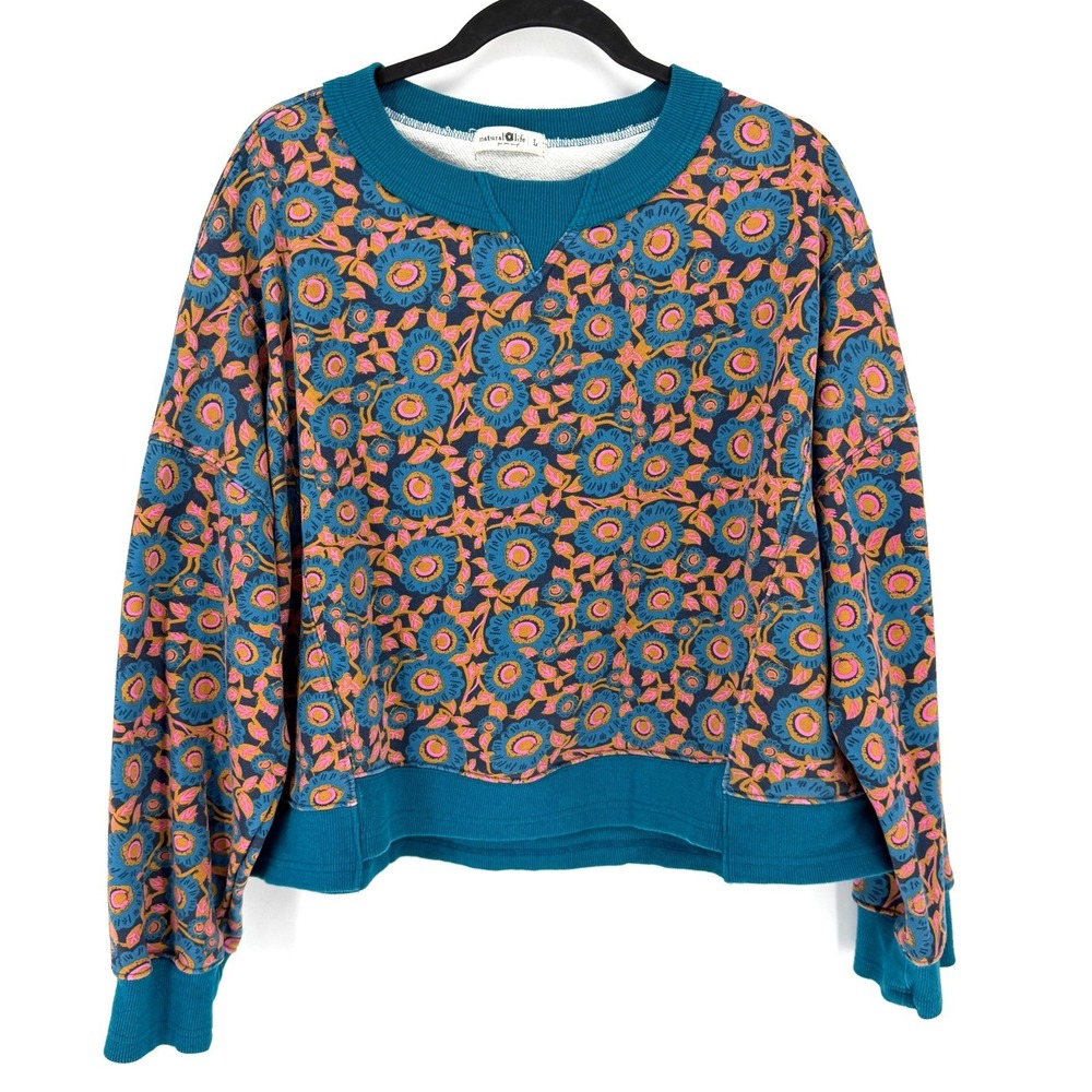 Natural Life Sweatshirt Floral Boho Large Teal Blue Pink Cropped Pullover Top